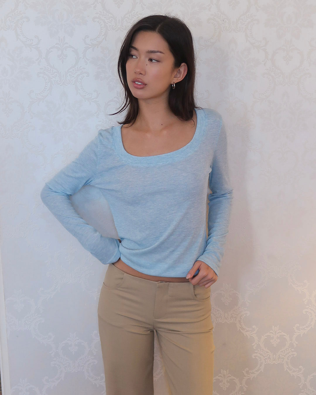 Lulu long sleeve top in light blue with low scoop neckline