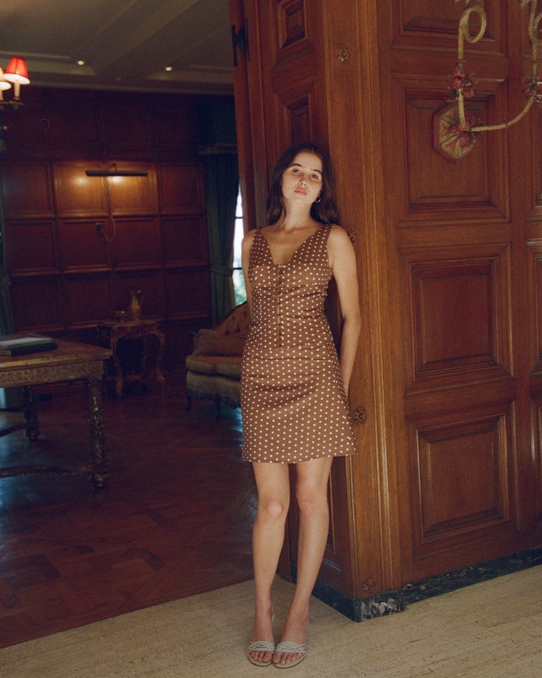 Wren Midi Skirt in Maple brown polka dot A line midi skirt with button up closure