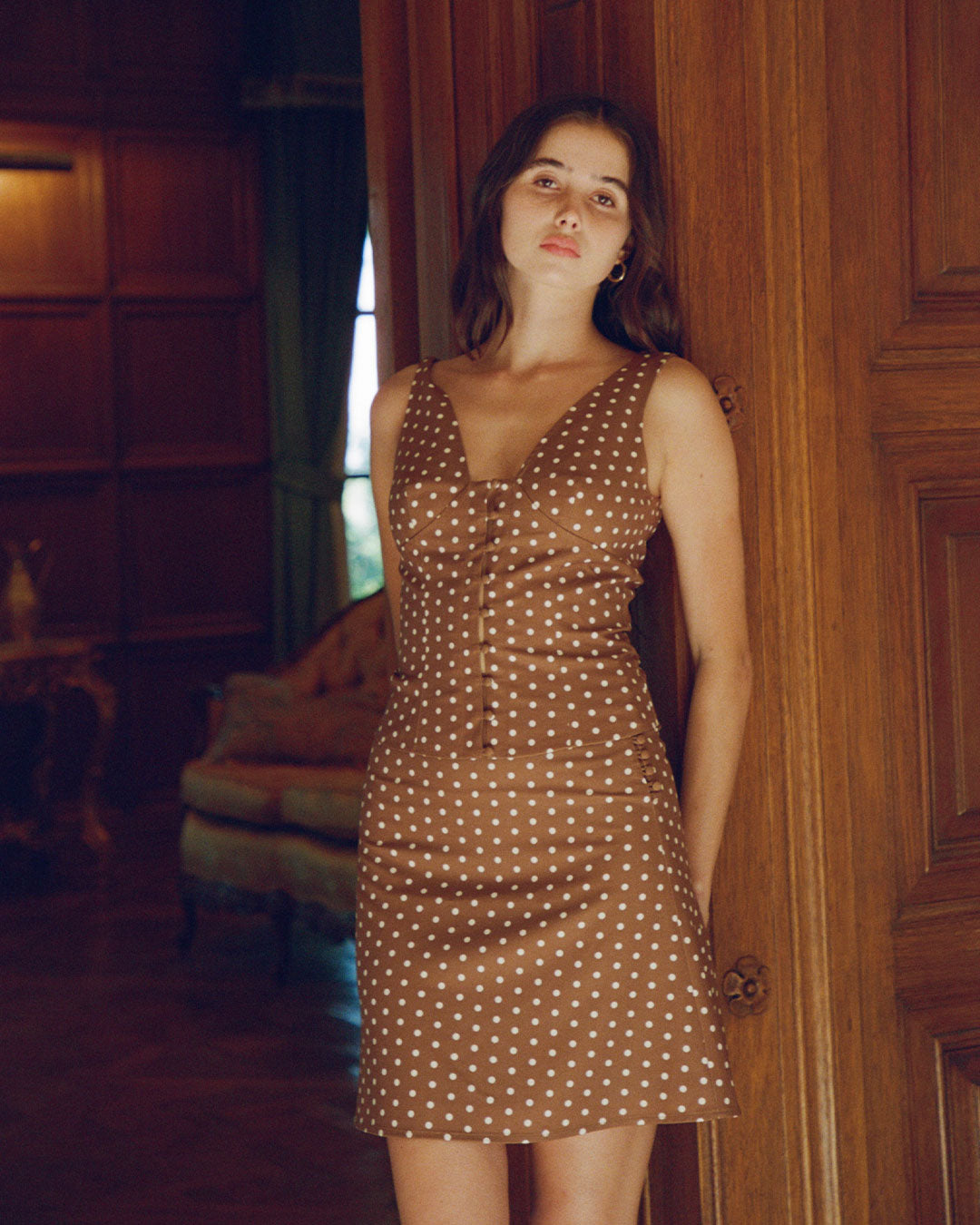 Wren Midi Skirt in Maple brown polka dot A line midi skirt with button up closure