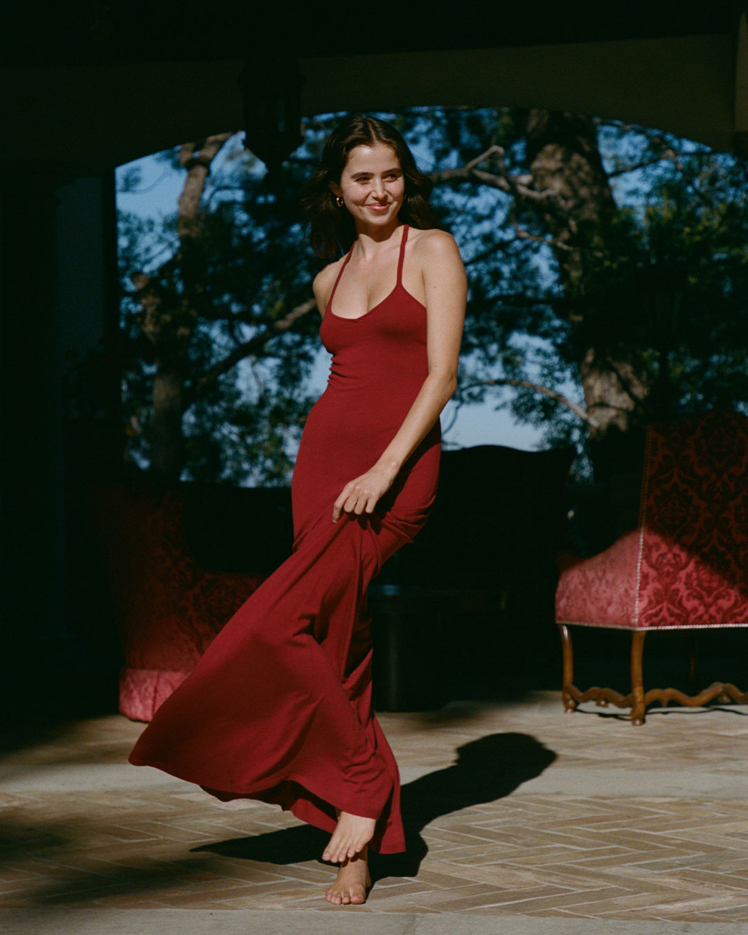 Madeline Dress in Merlot deep red maxi knit dress with sweetheart neckline and open back