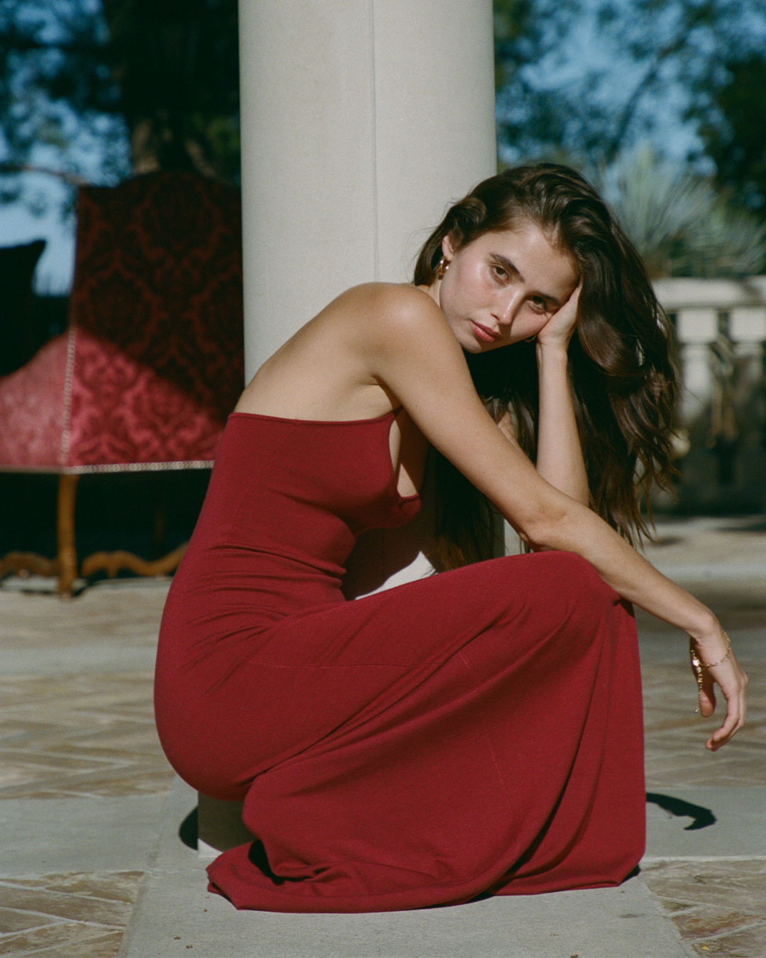 Madeline Dress in Merlot deep red maxi knit dress with sweetheart neckline and open back