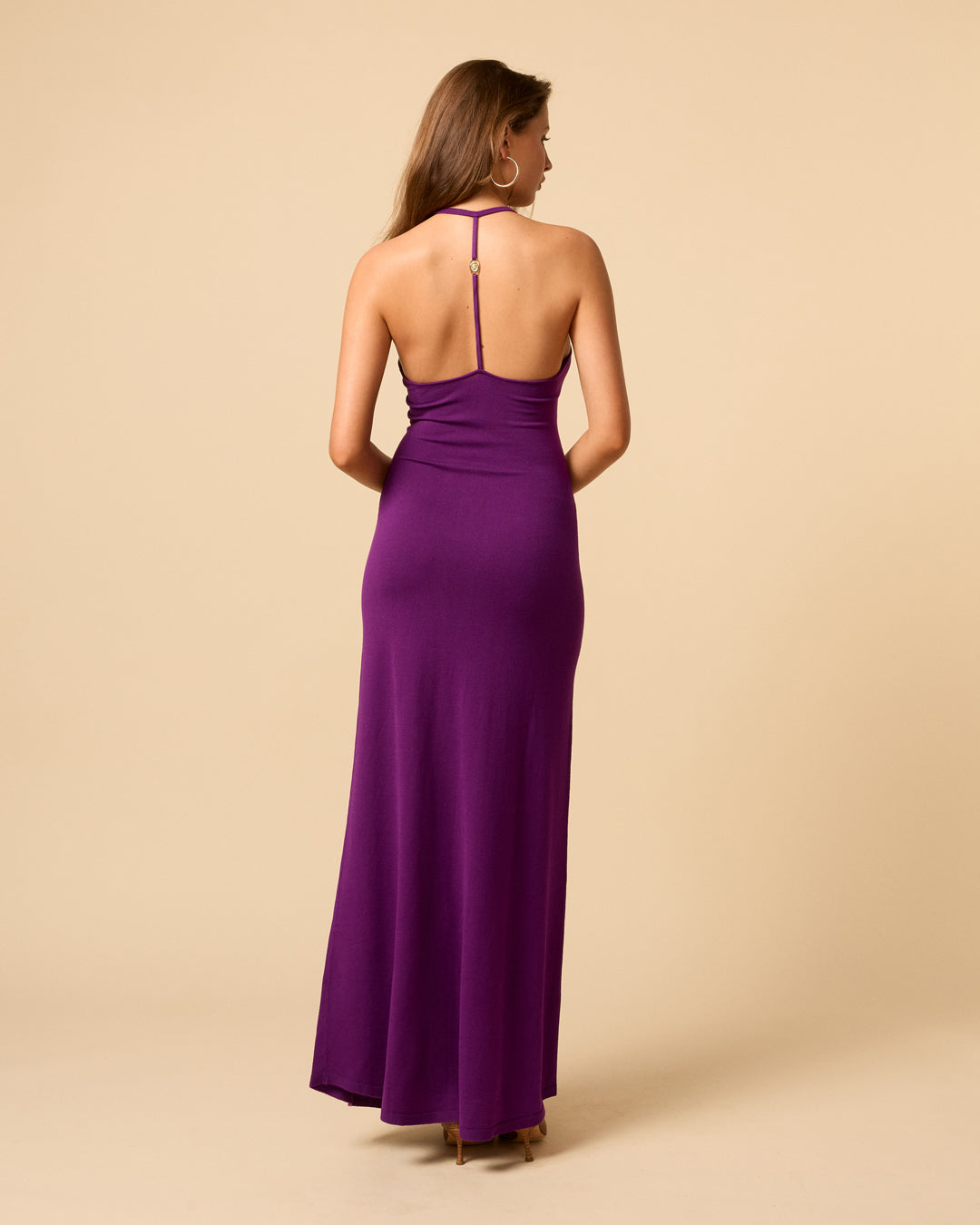 Madeline Dress in purple maxi knit dress with sweetheart neckline and open back