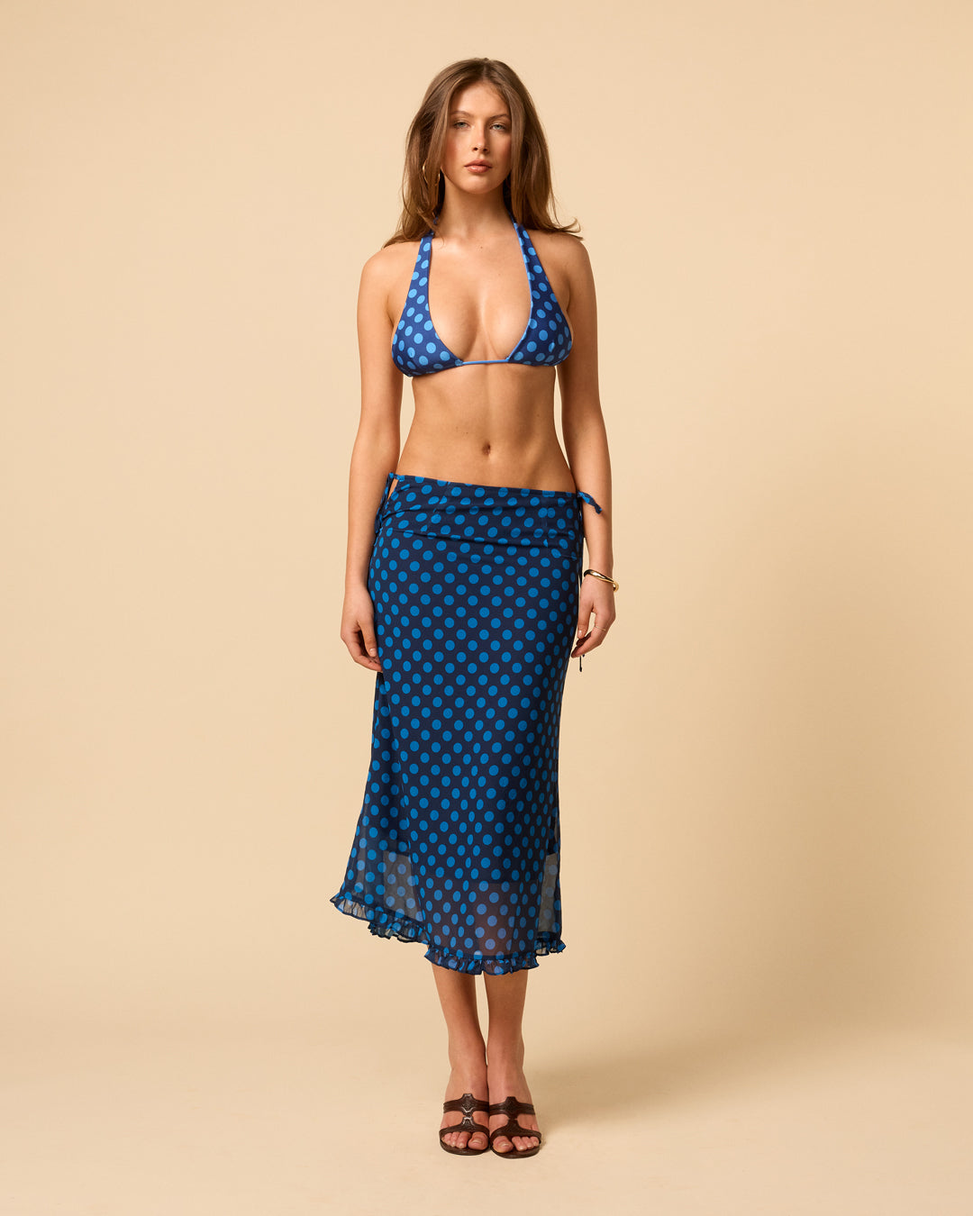 Women's sheer midi skirt ankle length with ruffle hem in blue polka dot