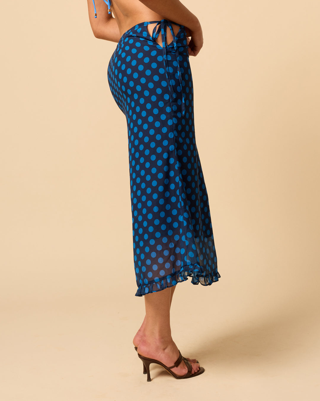 Women's sheer midi skirt ankle length with ruffle hem in blue polka dot