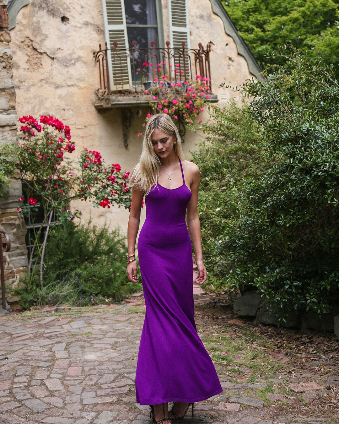 Madeline Dress in purple maxi knit dress with sweetheart neckline and open back