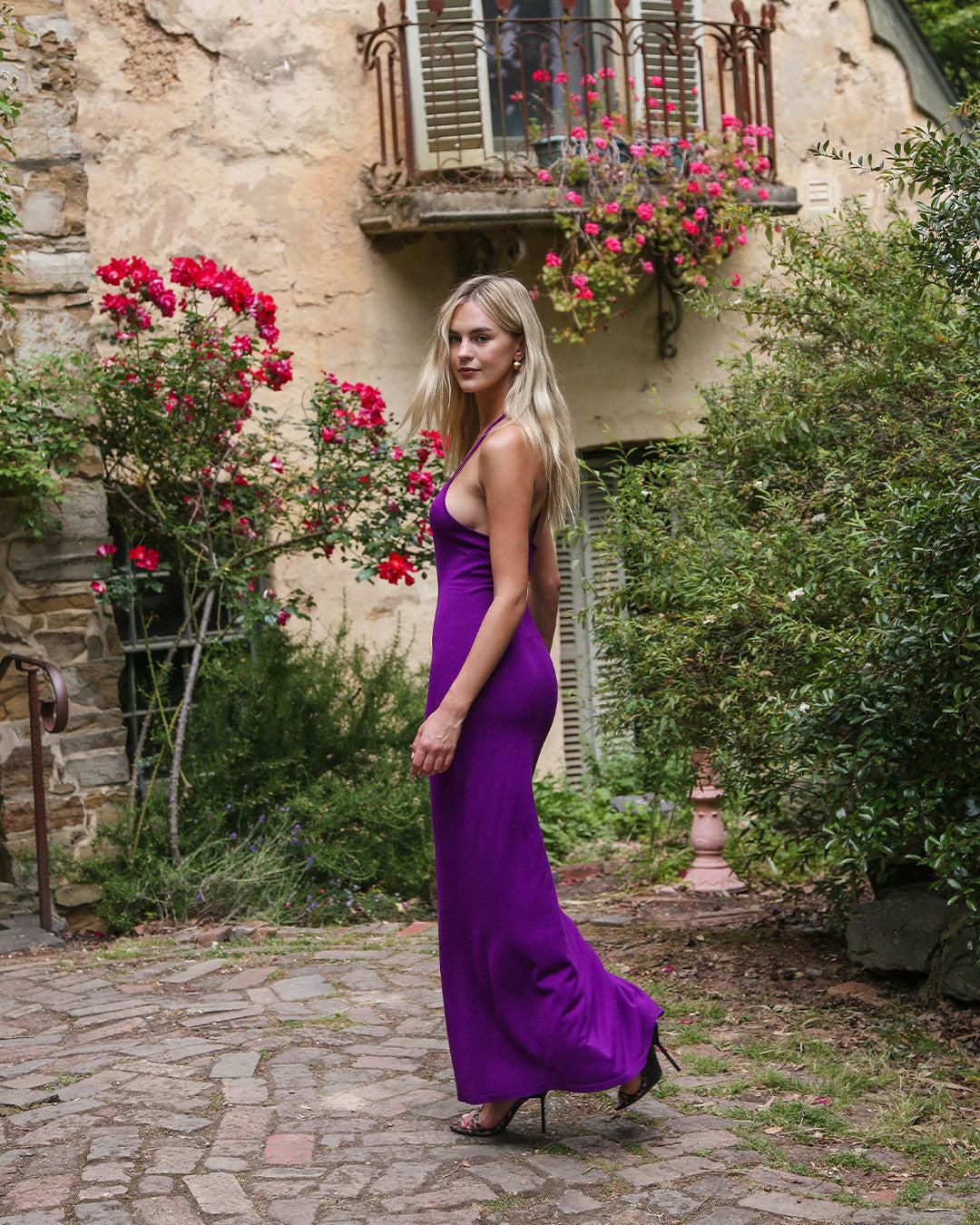 Madeline Dress in purple maxi knit dress with sweetheart neckline and open back