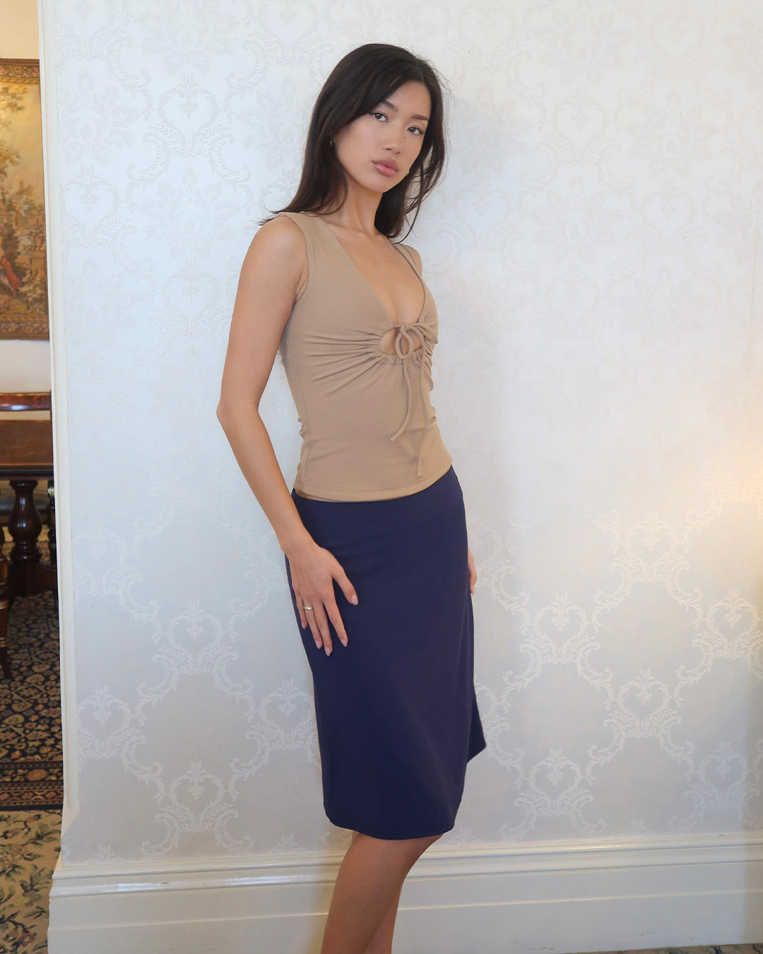 Dolly Top sculpting silhouette with adjustable centre-front keyhole perfect for everyday wear 