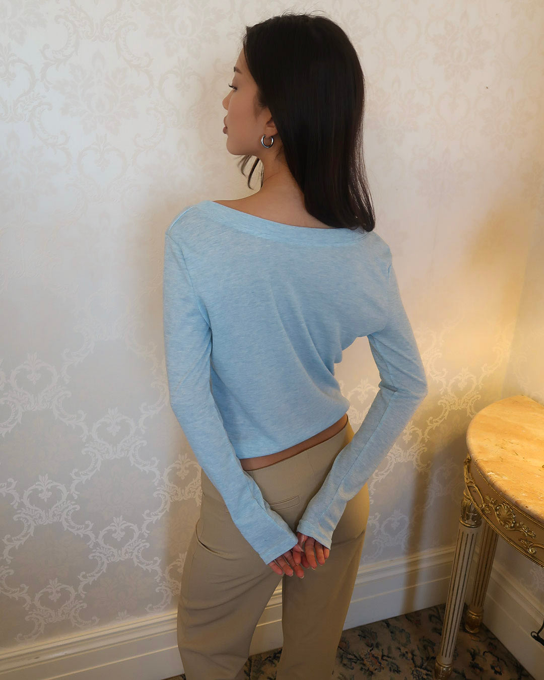 Lulu long sleeve top in light blue with low scoop neckline