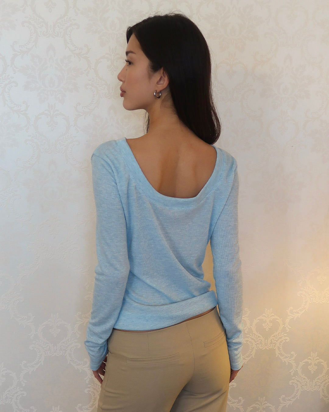 Lulu long sleeve top in light blue with low scoop neckline