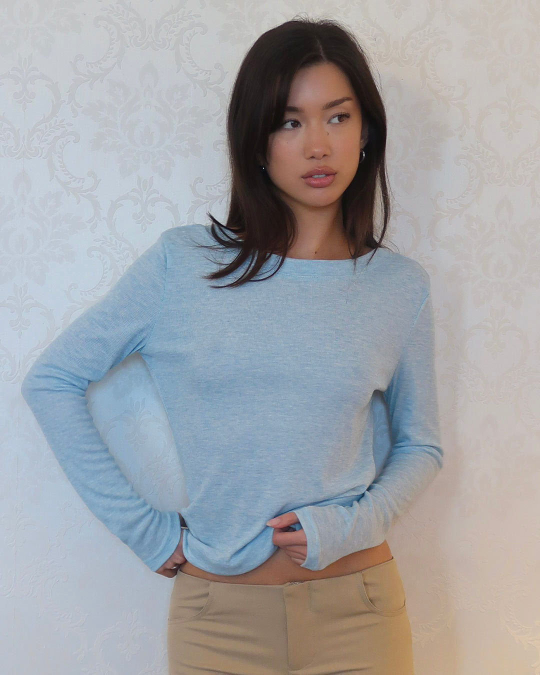 Lulu long sleeve top in light blue with low scoop neckline