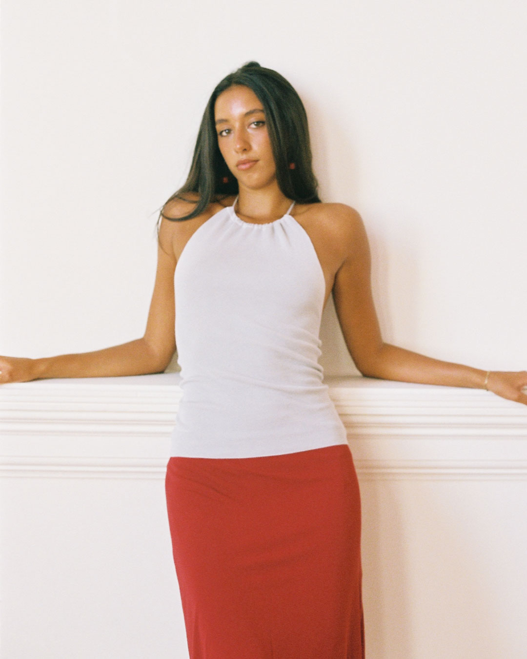 Harper Halter Top 90s-inspired high-neck halter in ribbed knit fabric