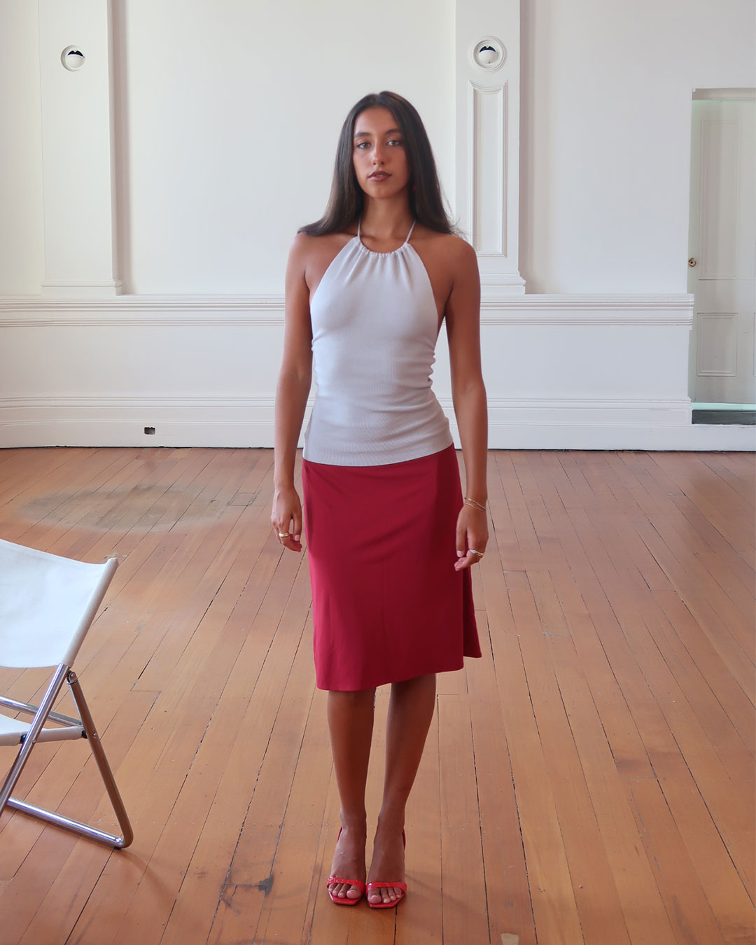 Harper Halter Top 90s-inspired high-neck halter in ribbed knit fabric