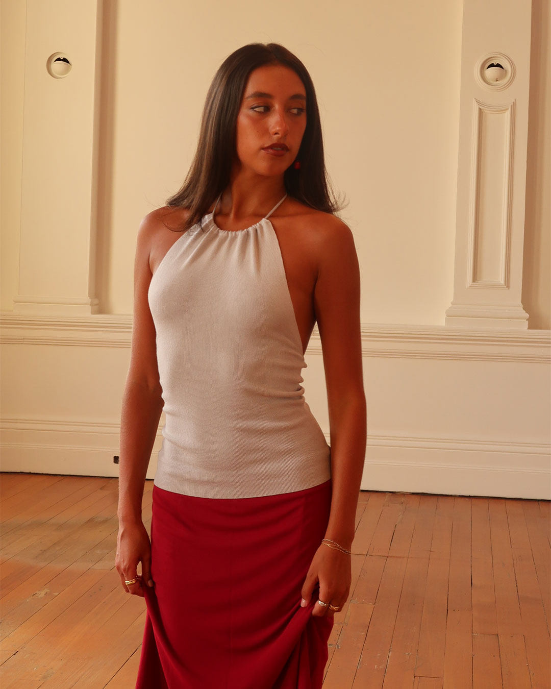 Harper Halter Top 90s-inspired high-neck halter in ribbed knit fabric