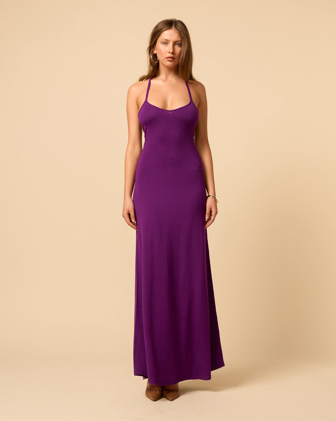 Madeline Dress in purple maxi knit dress with sweetheart neckline and open back