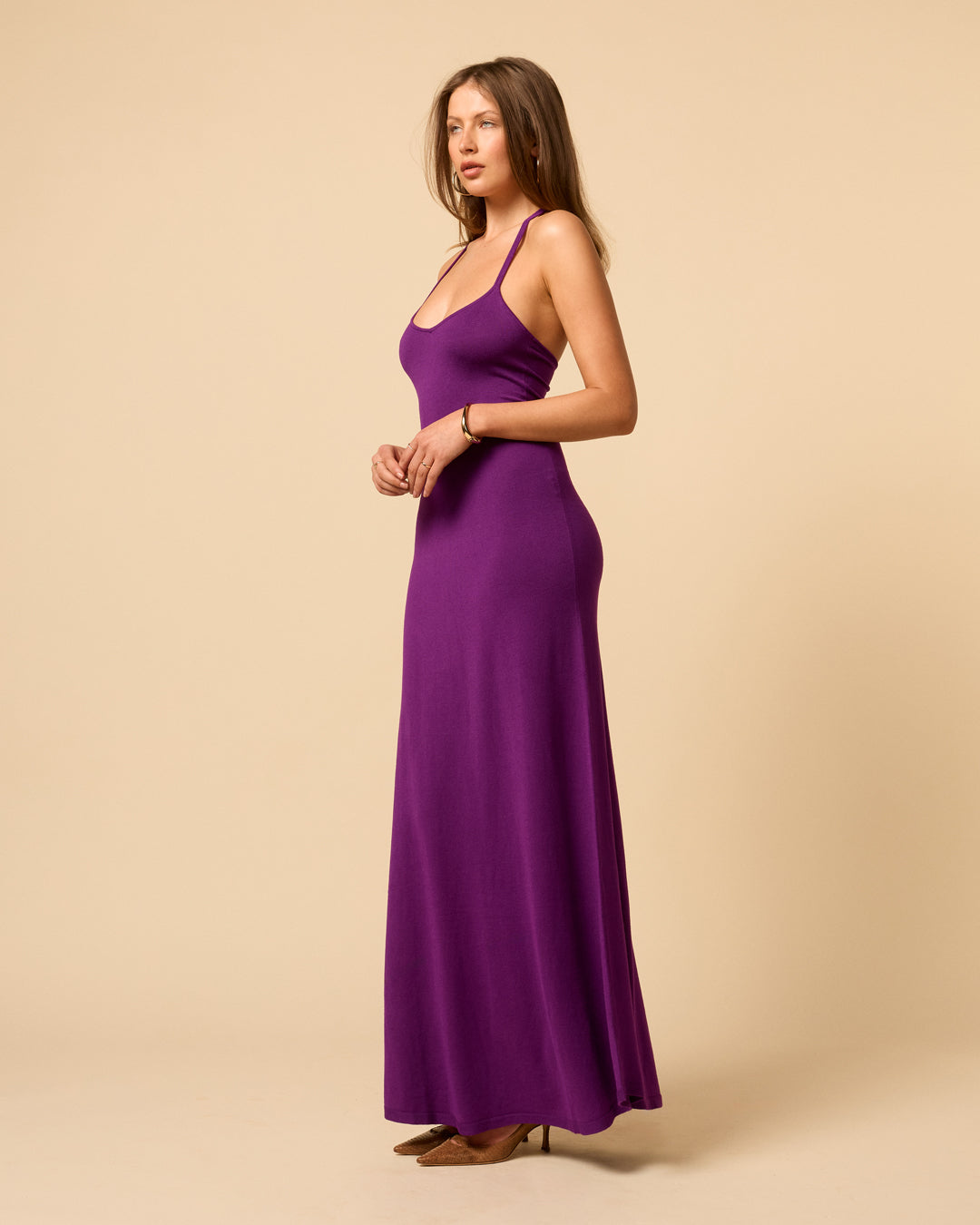 Madeline Dress in purple maxi knit dress with sweetheart neckline and open back