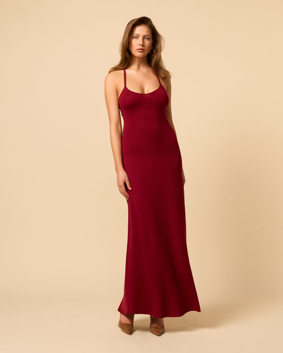 Madeline Dress in Merlot deep red maxi knit dress with sweetheart neckline and open back
