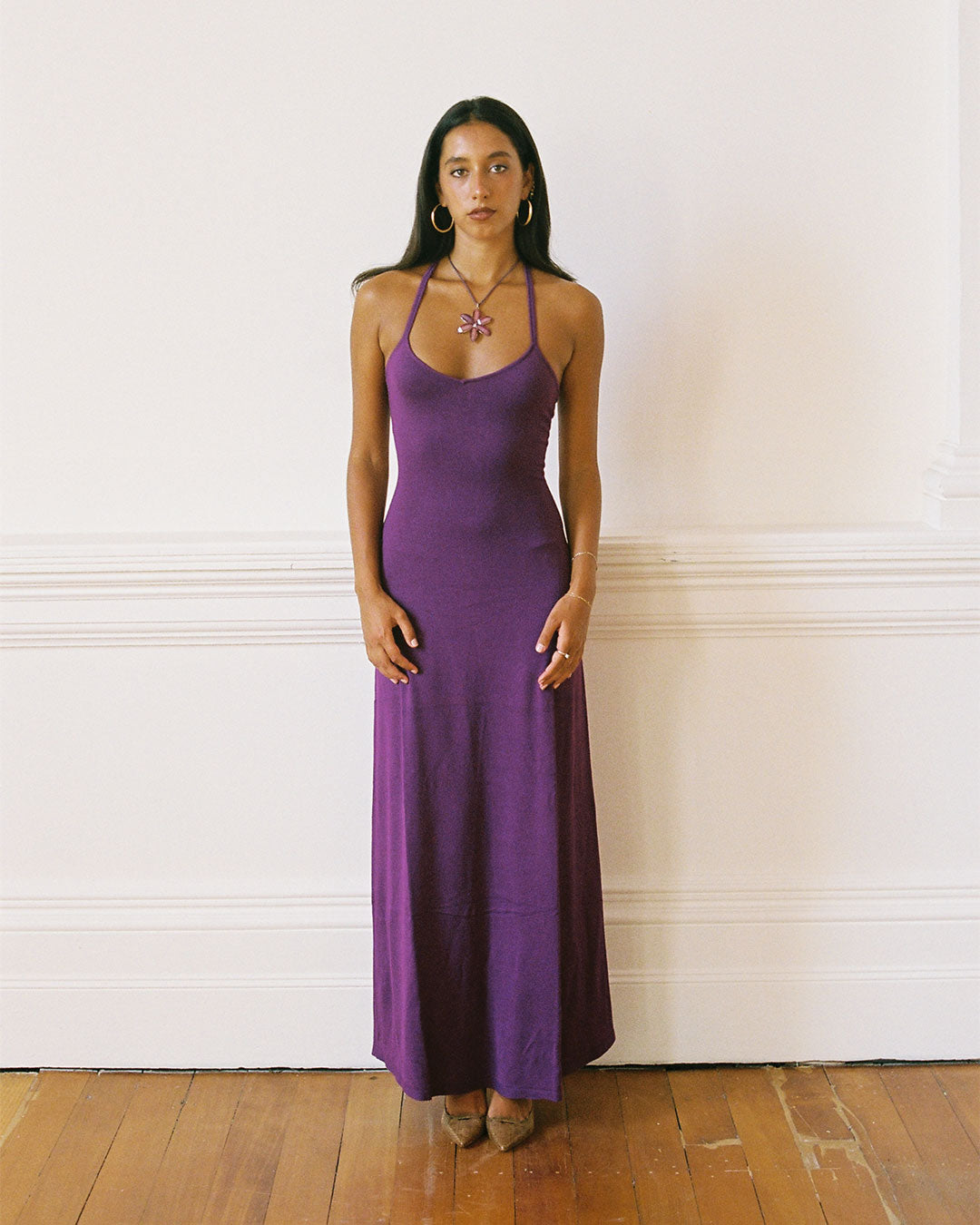 Madeline Dress in purple maxi knit dress with sweetheart neckline and open back