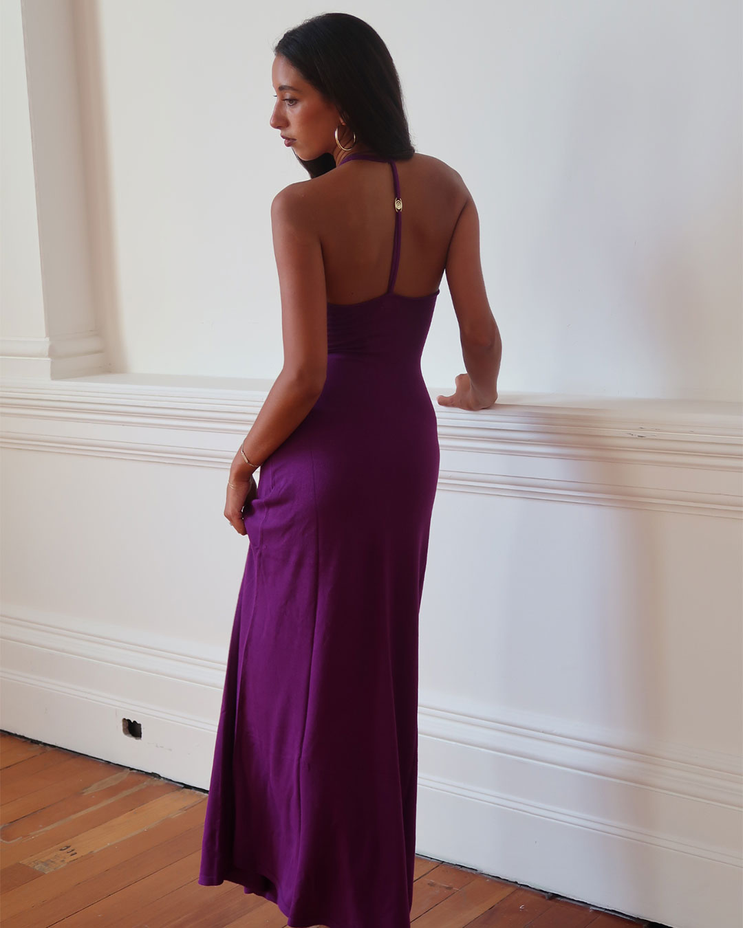 Madeline Dress in purple maxi knit dress with sweetheart neckline and open back