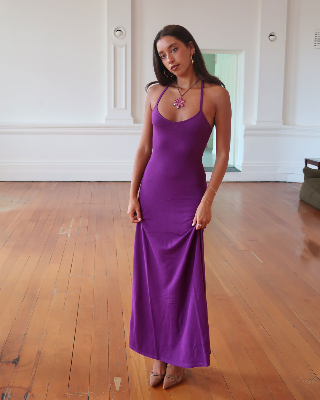 Madeline Dress in purple maxi knit dress with sweetheart neckline and open back