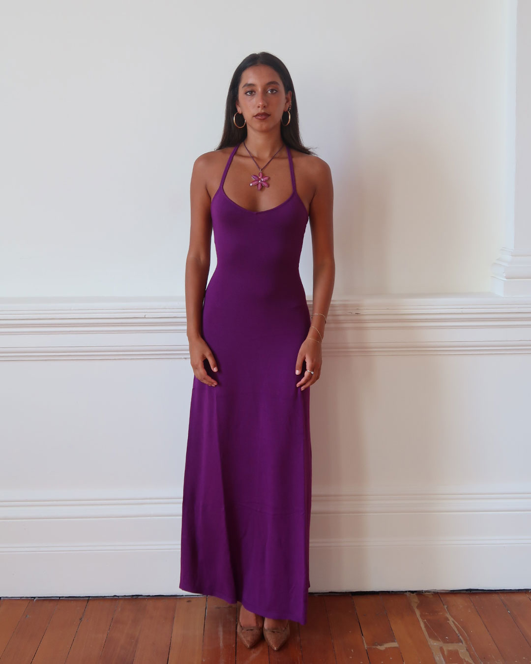 Madeline Dress in purple maxi knit dress with sweetheart neckline and open back