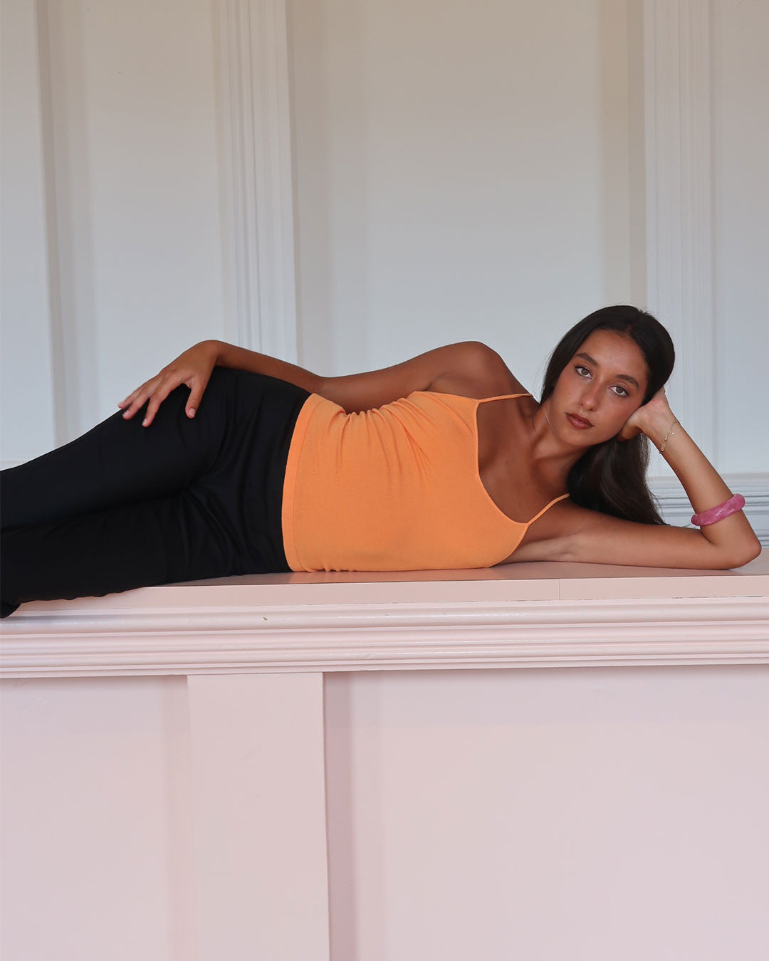 Miki women's singlet top with tapered v strap back and butterfly knit