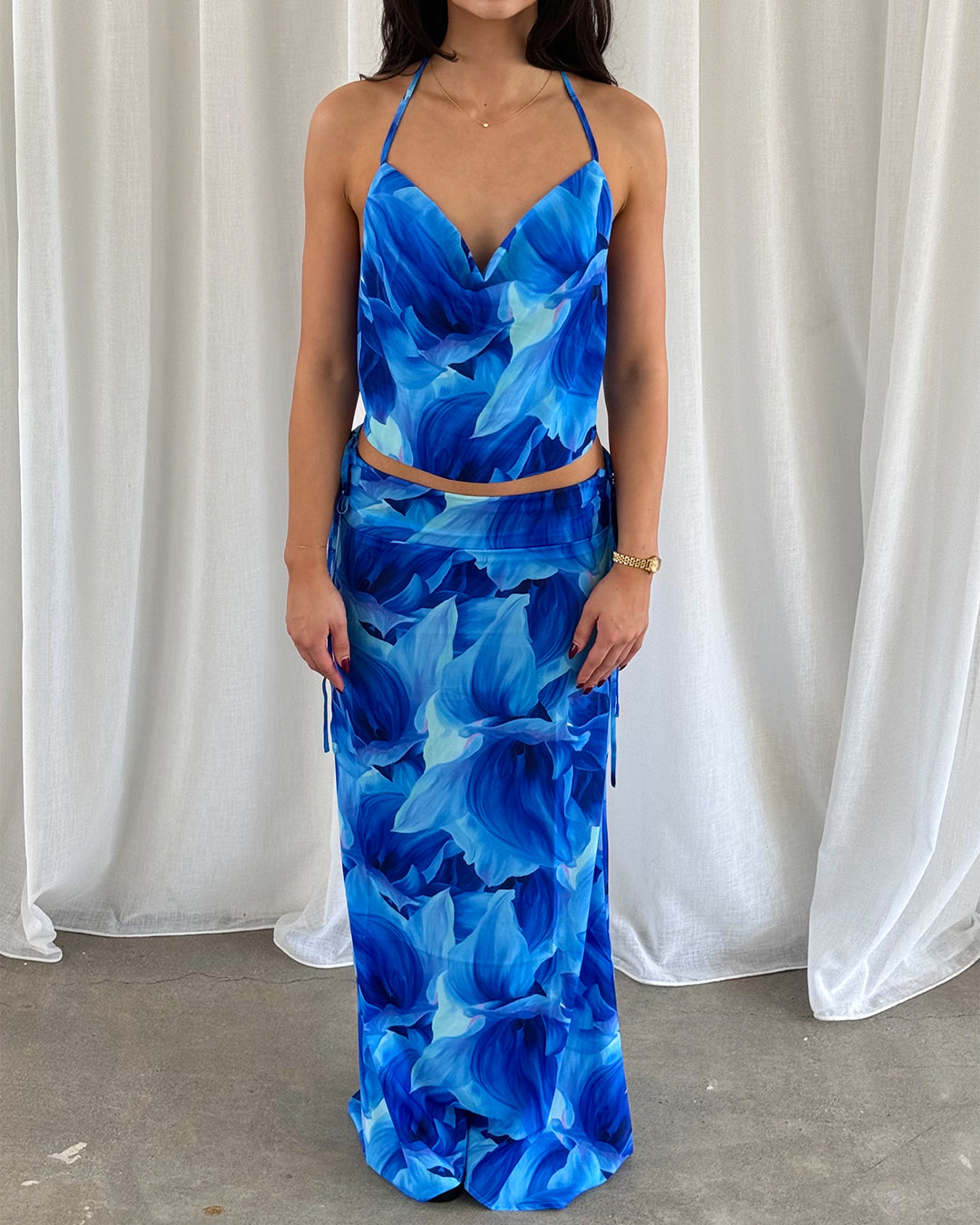 Blue Beach Maxi Skirt & Cowl Neck Halter Set